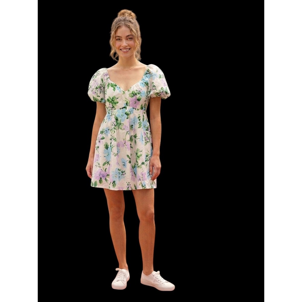 Old Navy Womens Ivory Floral Puff Sleeve Smocked Mini Dress Size M Cotton Party